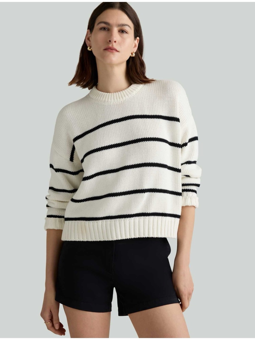 Quince Women’s Sz M Organic Cotton Stripe Crewneck Sweater White Black